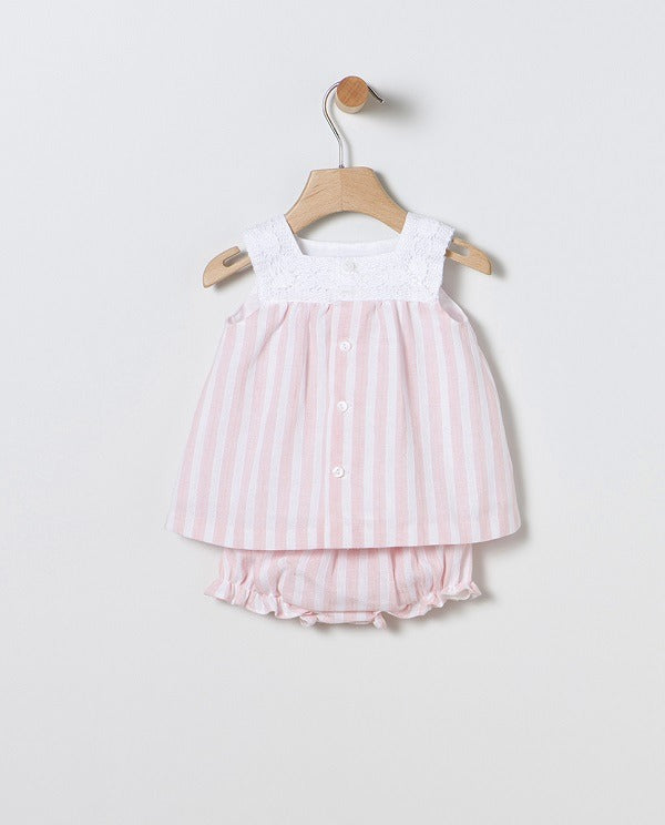 Vestido de bebé niña rosa a rayas y puntilla