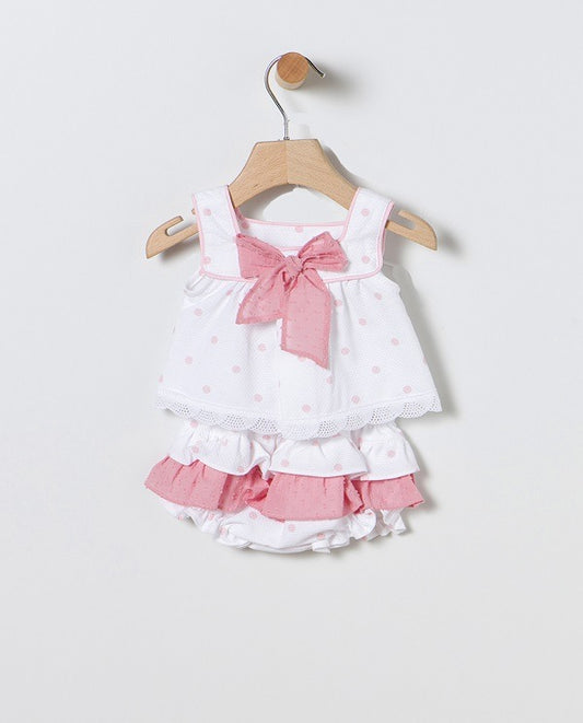 Conjunto de bebé niña de algodón en blanco y topos rosas