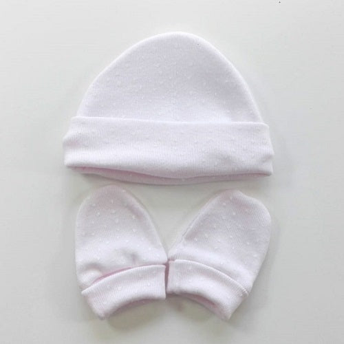 Gorro bebé recién nacido con manoplas rosa estampado